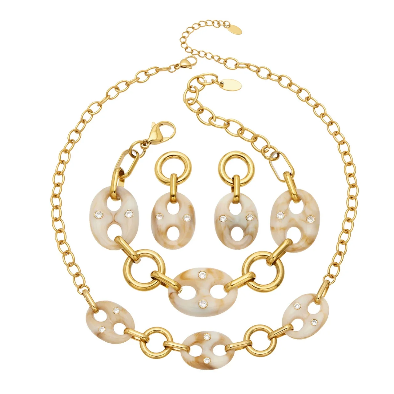 Sculptural 18K Gold PVD 316L Stainless Steel Oval Resin CZ Link Jewelry Set