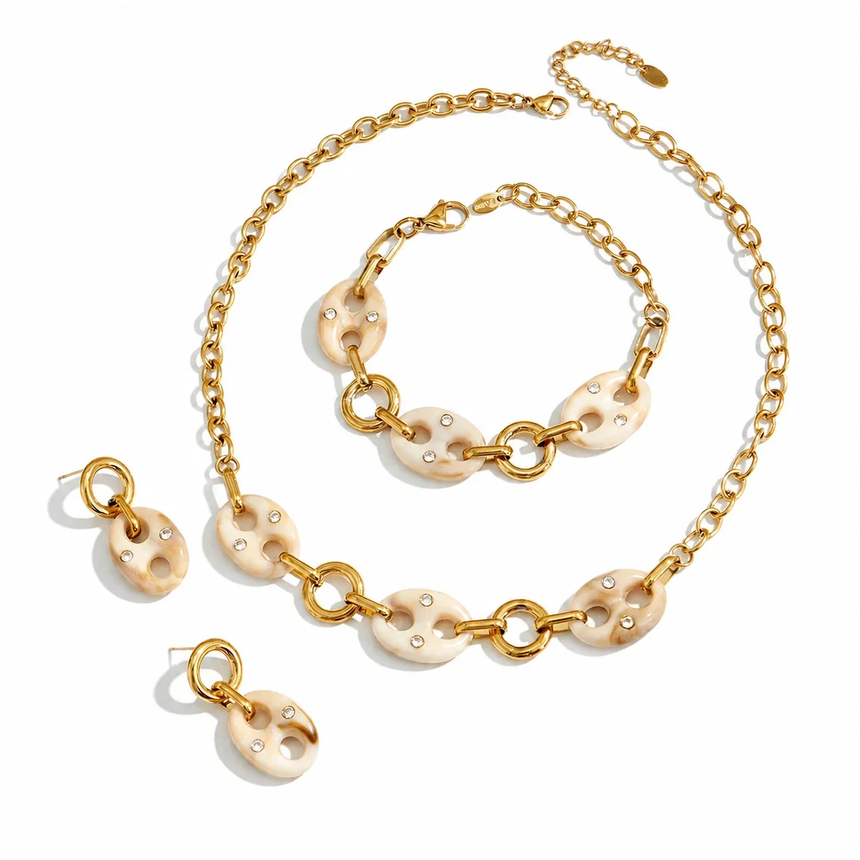 Sculptural 18K Gold-Plated 316L Oval Resin CZ Link Jewelry Set