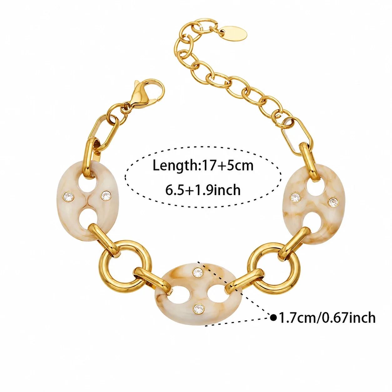 Sculptural 18K Gold-Plated 316L Oval Resin CZ Link Jewelry Set - Gold Resin CZ 17+5 cm