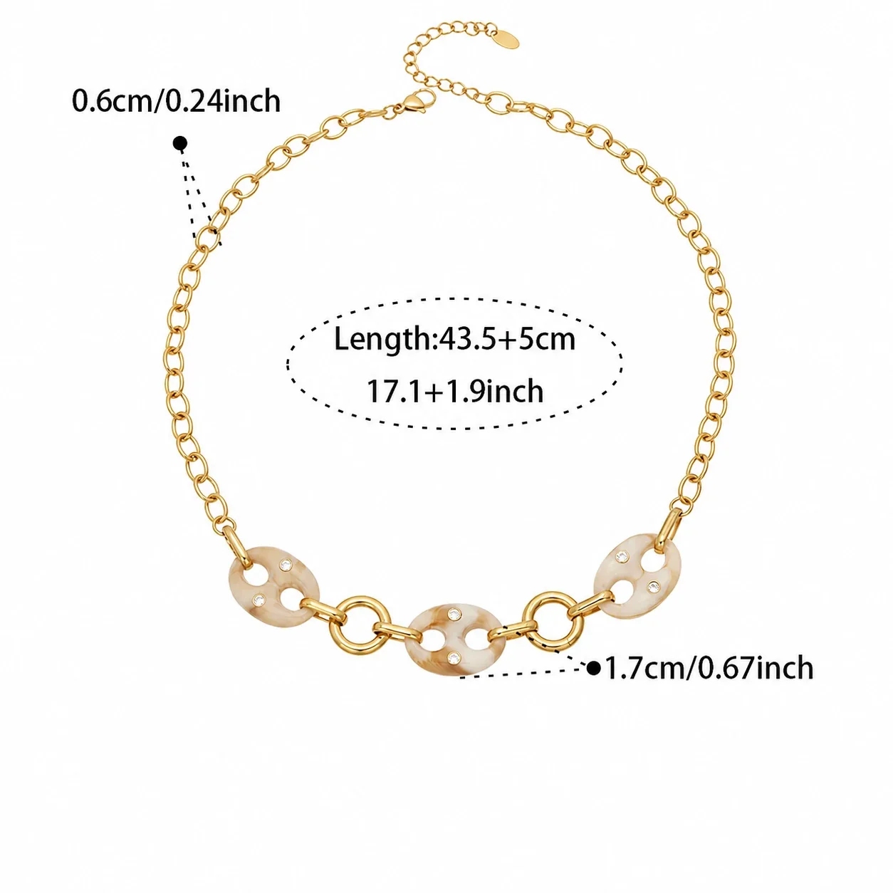 Sculptural 18K Gold-Plated 316L Oval Resin CZ Link Jewelry Set - Gold Resin CZ 43.5+5 cm