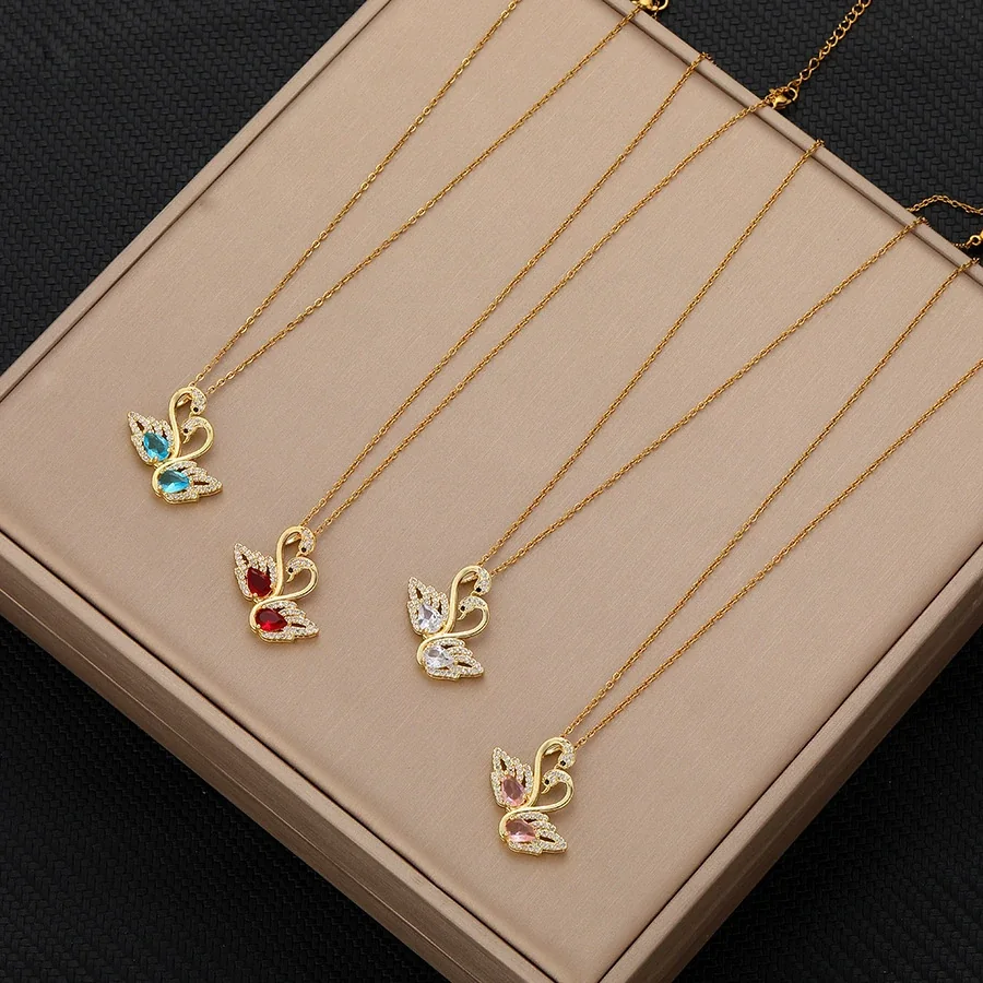Swan Necklace with Twin Marquise CZ Gold-Plated Steel