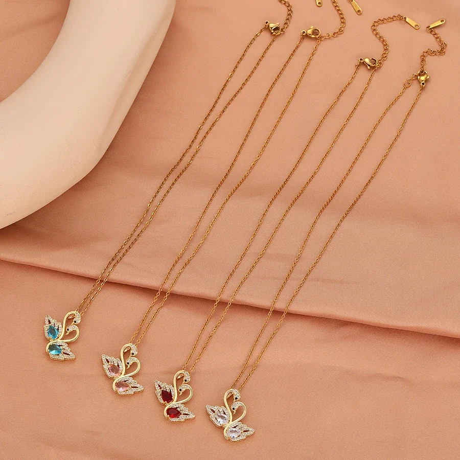 Swan Necklace with Twin Marquise CZ Gold-Plated Steel