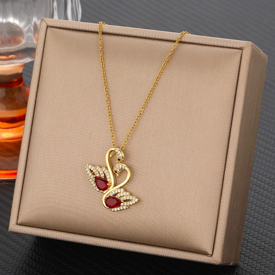 Swan Necklace with Twin Marquise CZ Gold-Plated Steel