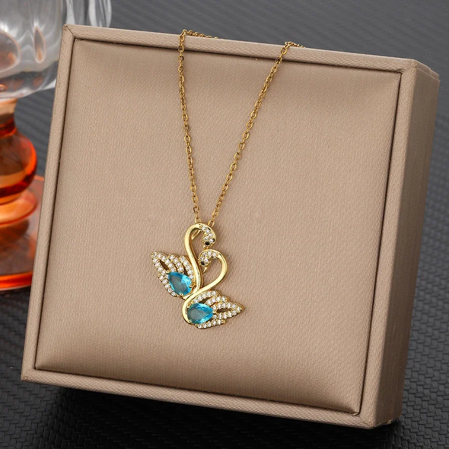 Swan Necklace with Twin Marquise CZ Gold-Plated Steel