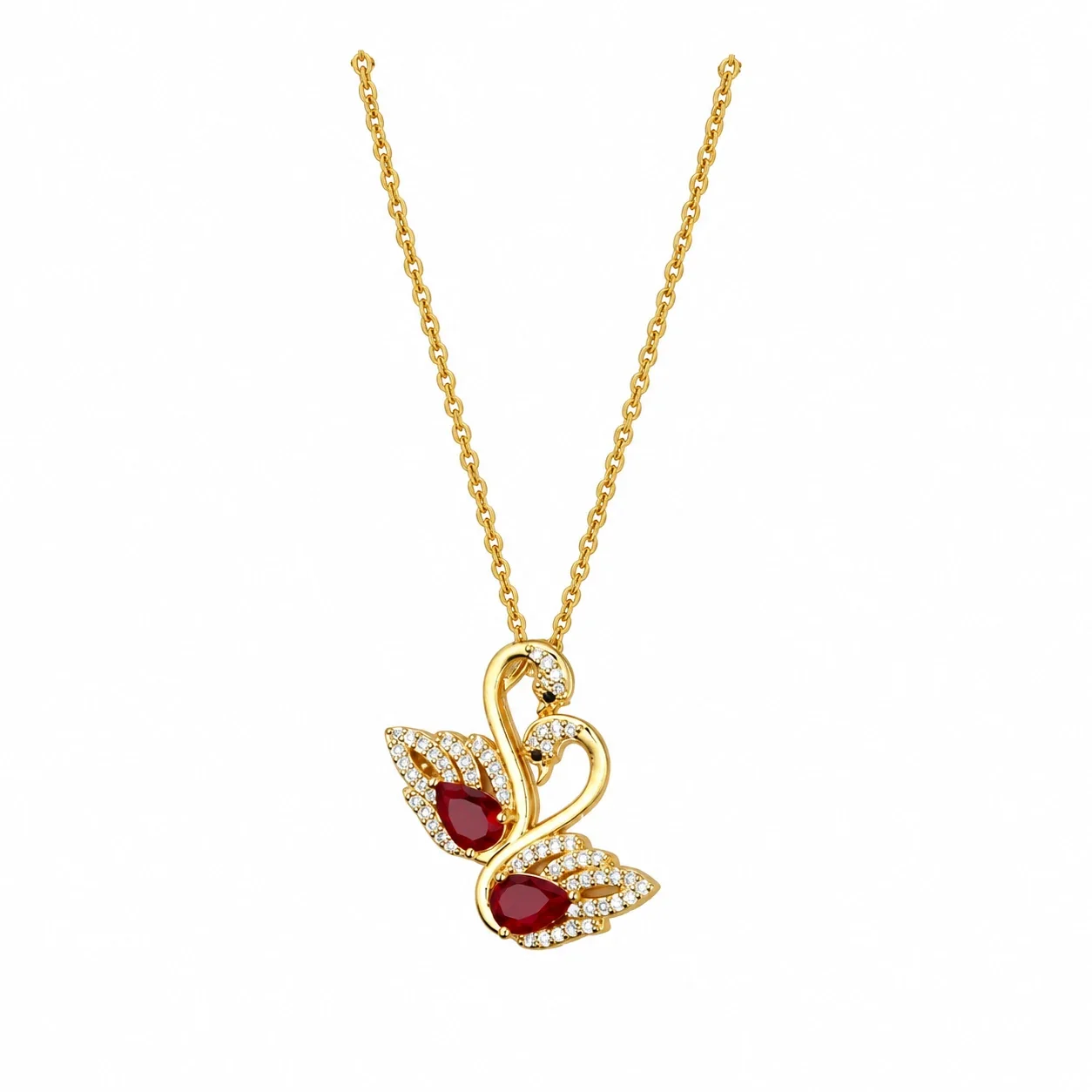 Swan Necklace with Twin Marquise CZ Gold-Plated Steel - Red CZ