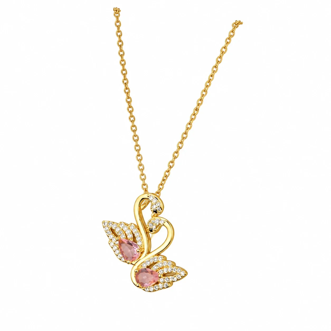 Swan Necklace with Twin Marquise CZ Gold-Plated Steel - Pink CZ