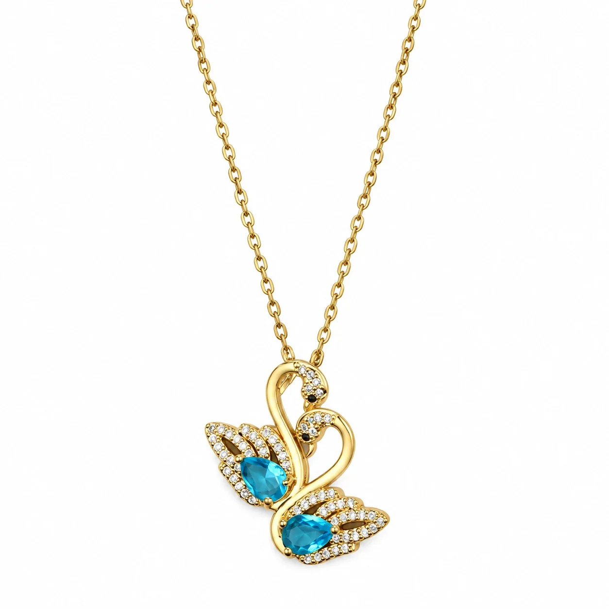 Swan Necklace with Twin Marquise CZ Gold-Plated Steel - Blue CZ