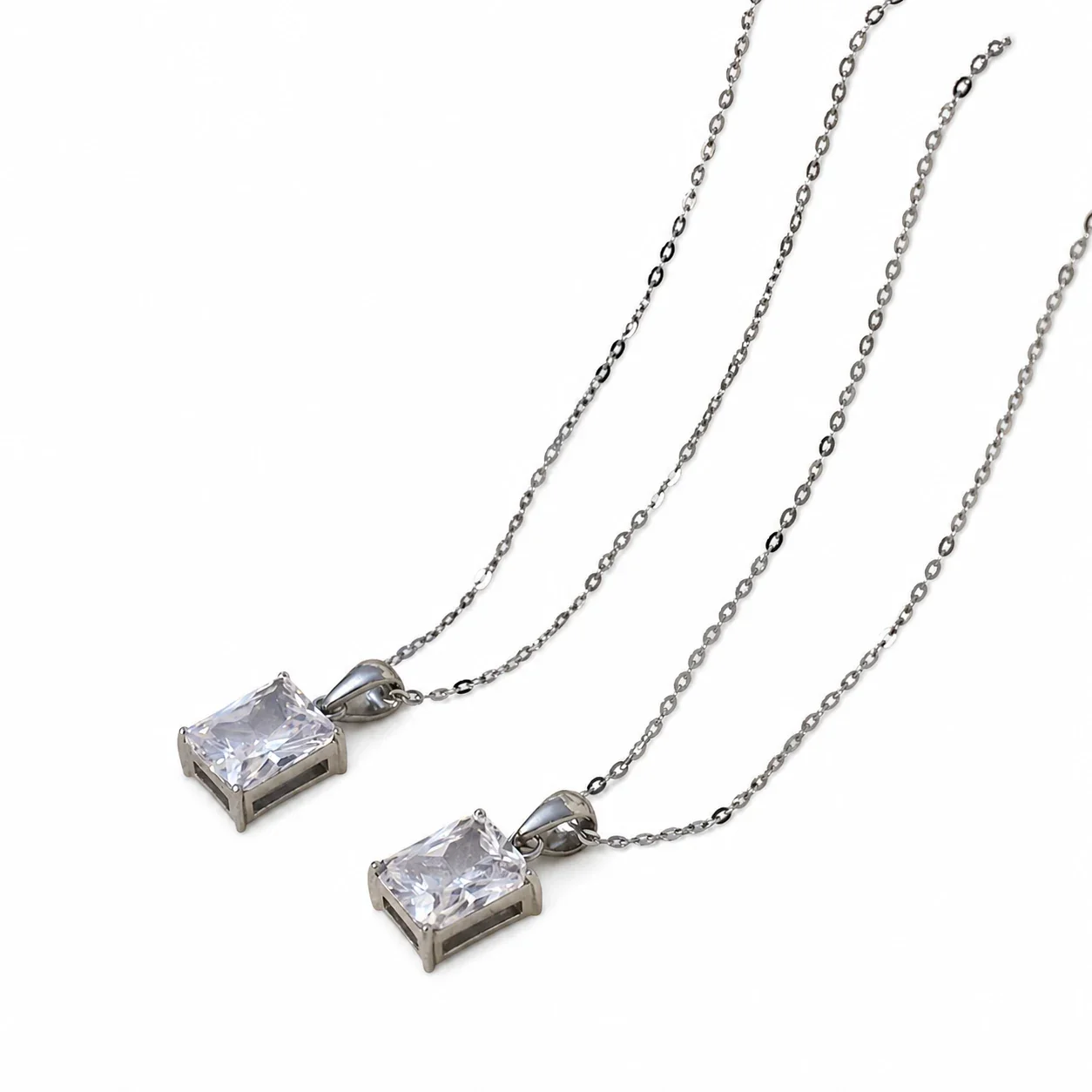 Radiant Silver-Plated Emerald-Cut Prong Pendant Necklace