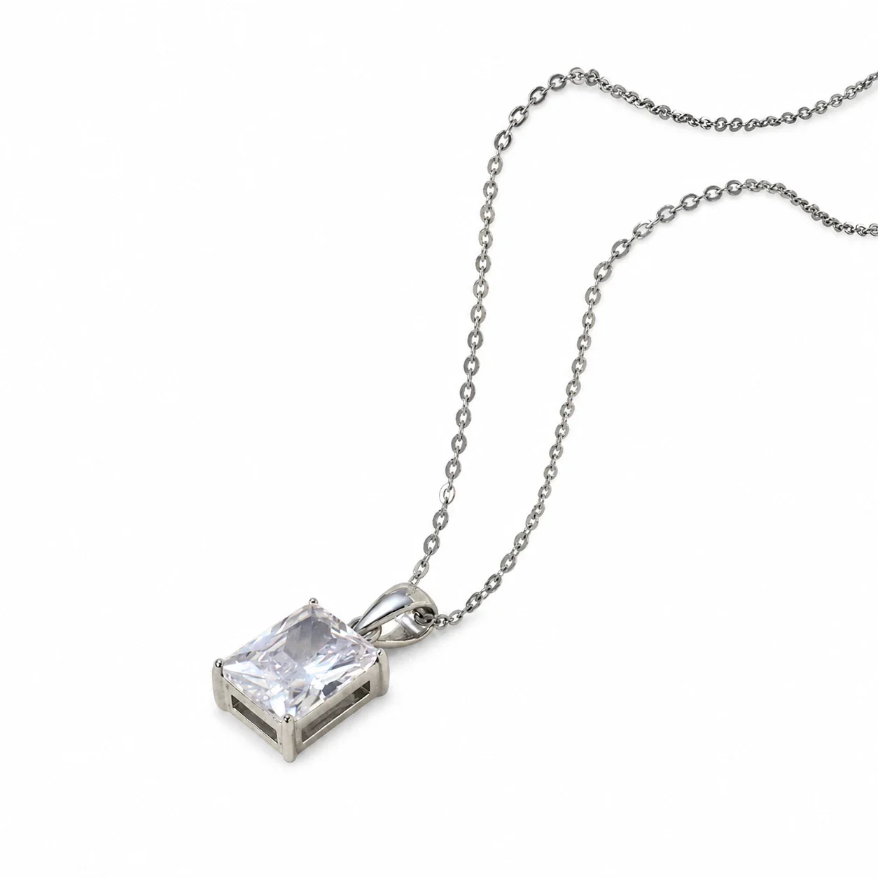 Radiant Silver-Plated Emerald-Cut Prong Pendant Necklace