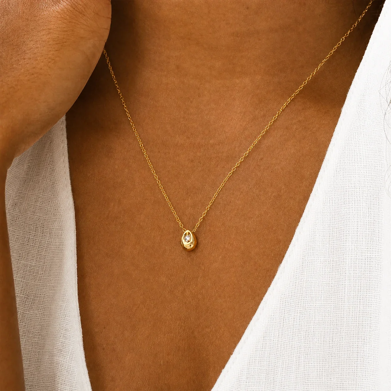 Refined Stainless Steel Teardrop Bezel CZ Chain Necklace