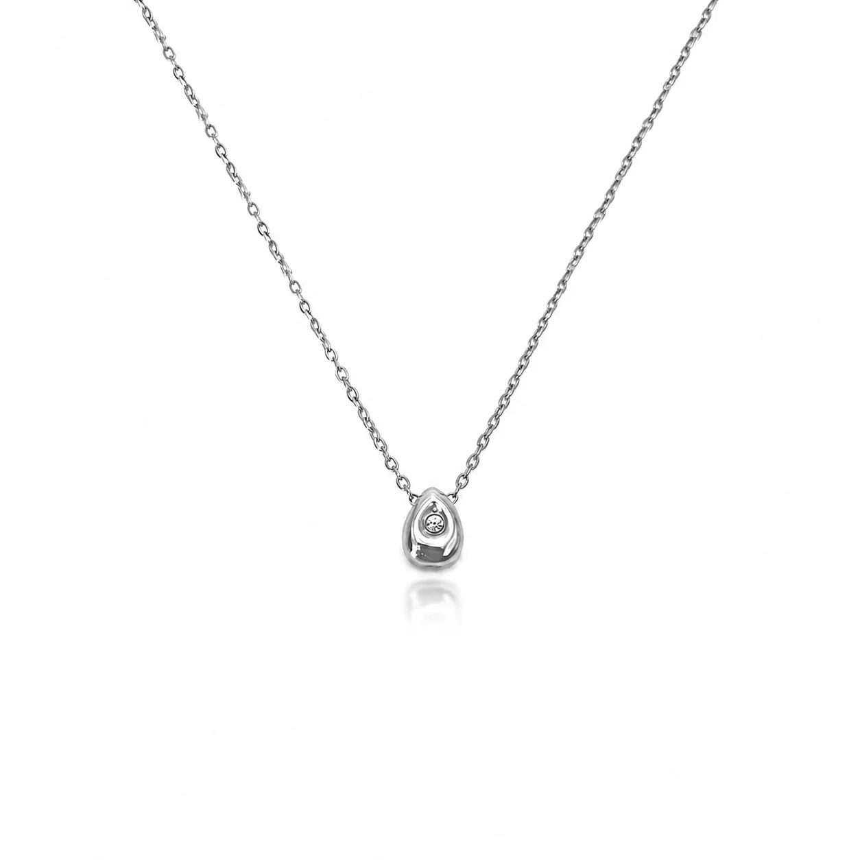 Refined Stainless Steel Teardrop Bezel CZ Chain Necklace - Silver