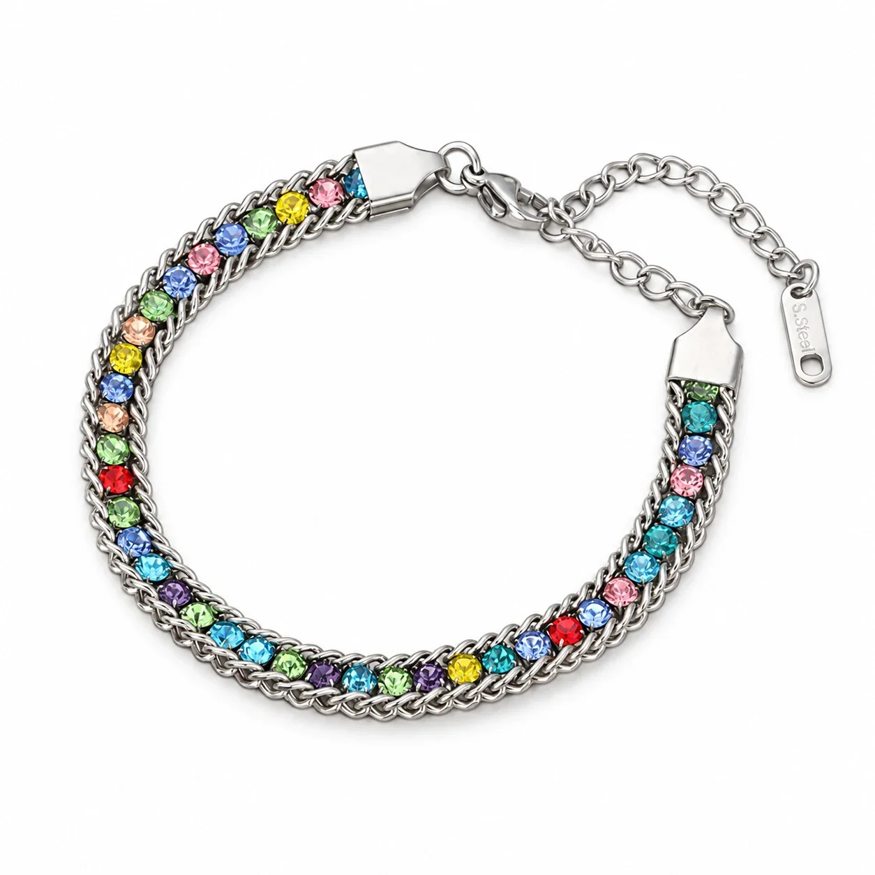 Foto del producto: Pulsera de cadena con fila de circonitas redondas y bordes grumete, acero inoxidable