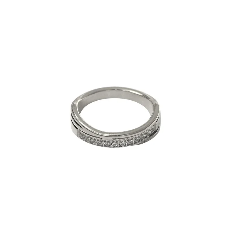 Polished Stainless Steel Pavé Groove Band Ring - Silver