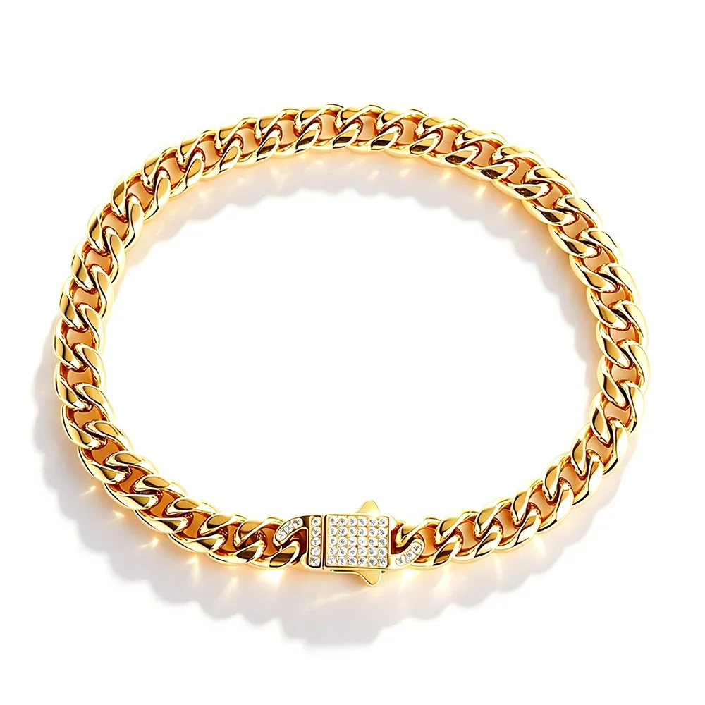 Bold 316 Stainless Steel Cuban Chain Bracelet with CZ Clasp - Gold White CZ mm
