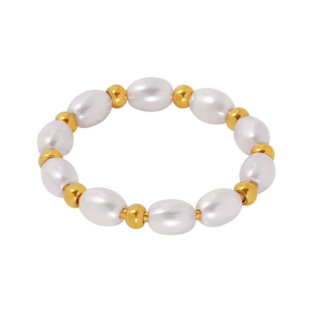 Beaded Shell Pearl Ring with Gold Ball Spacers, Stainless Steel