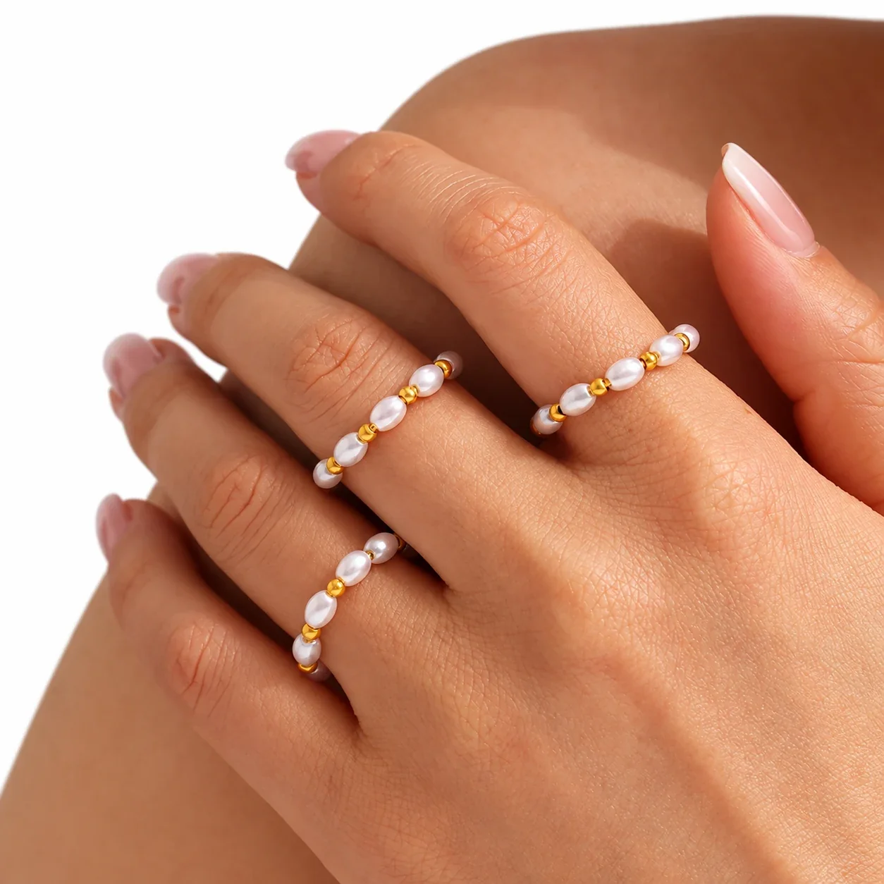 Beaded Shell Pearl Ring with Gold Ball Spacers, Stainless Steel
