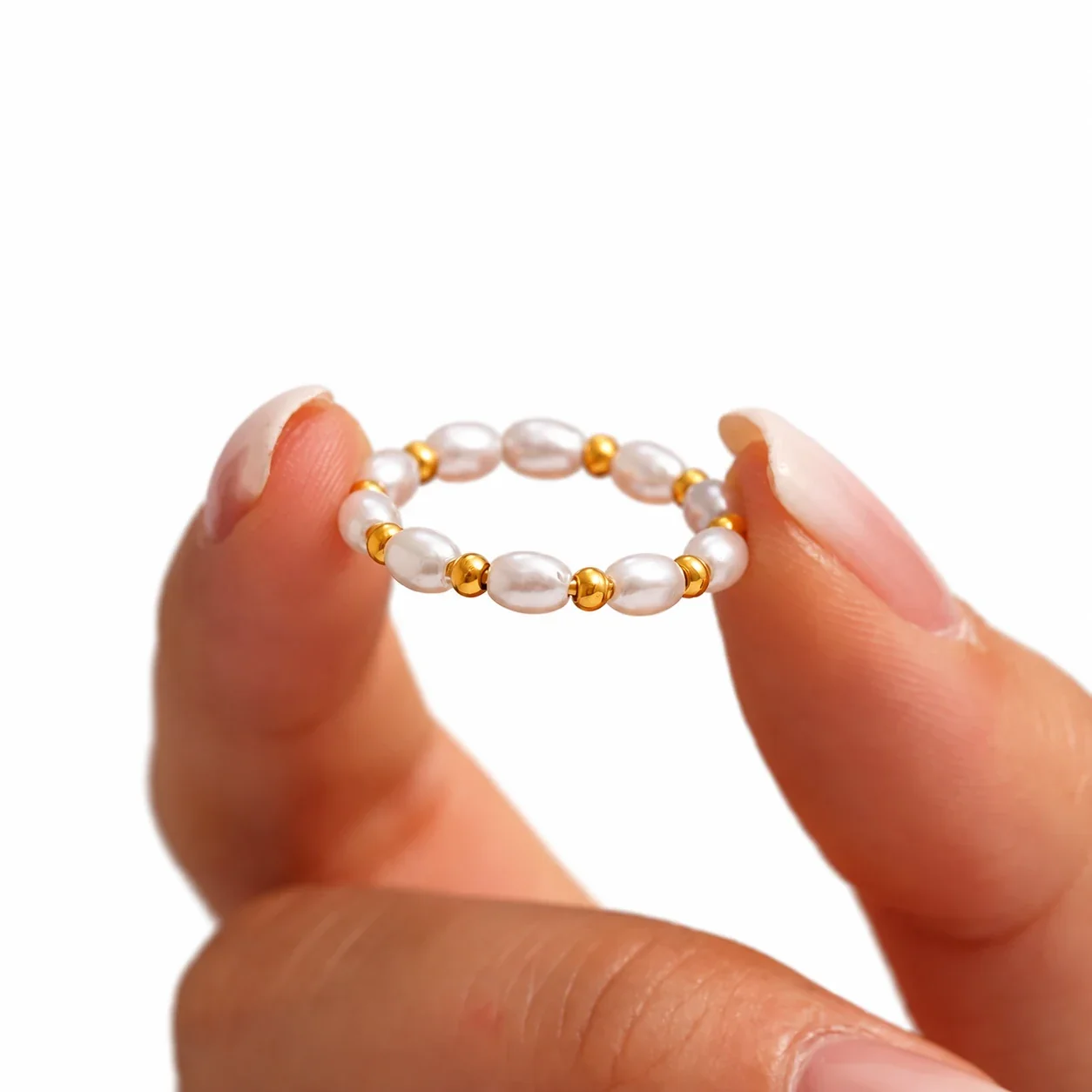 Beaded Shell Pearl Ring with Gold Ball Spacers, Stainless Steel