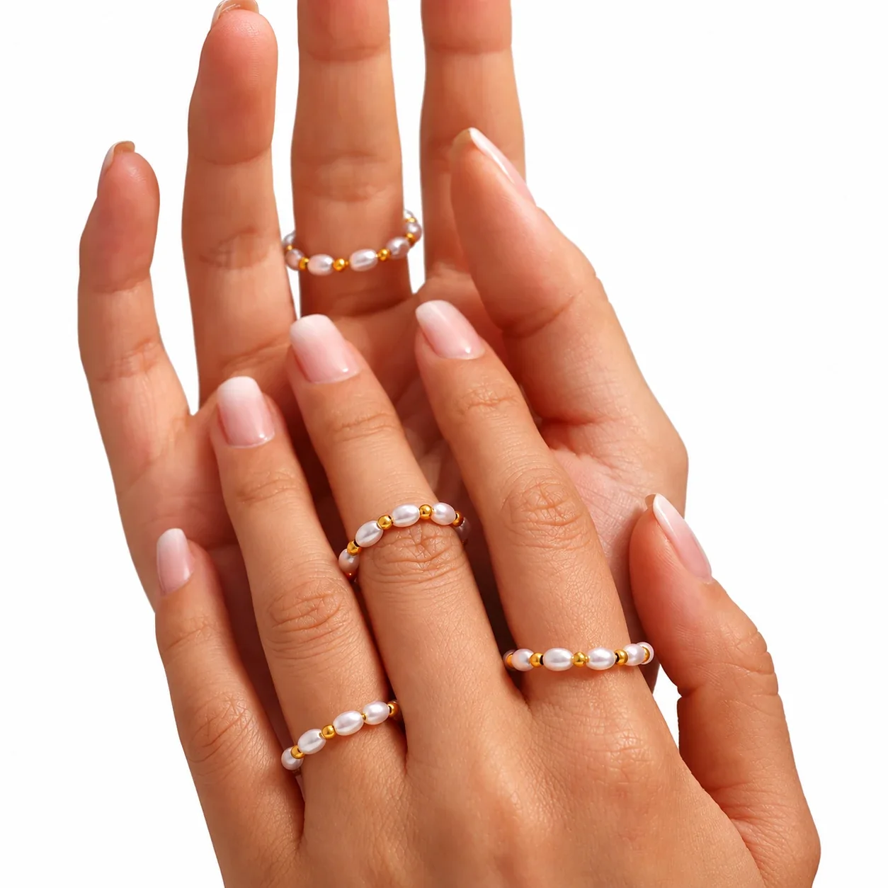 Beaded Shell Pearl Ring with Gold Ball Spacers, Stainless Steel