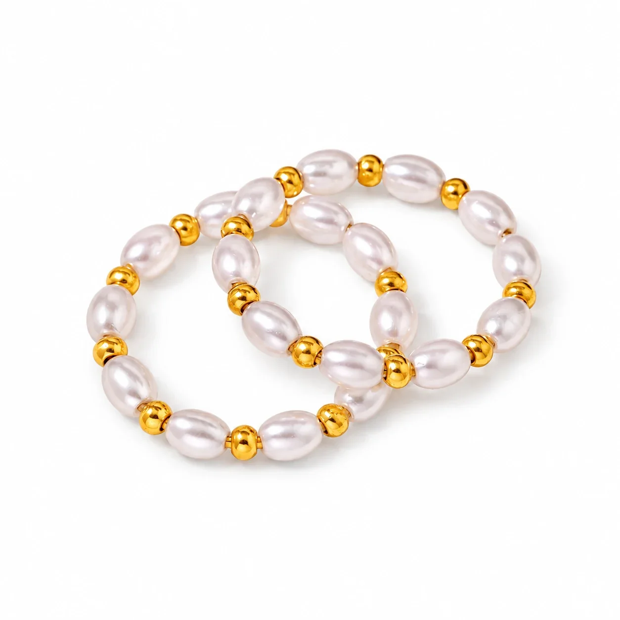 Beaded Shell Pearl Ring with Gold Ball Spacers, Stainless Steel