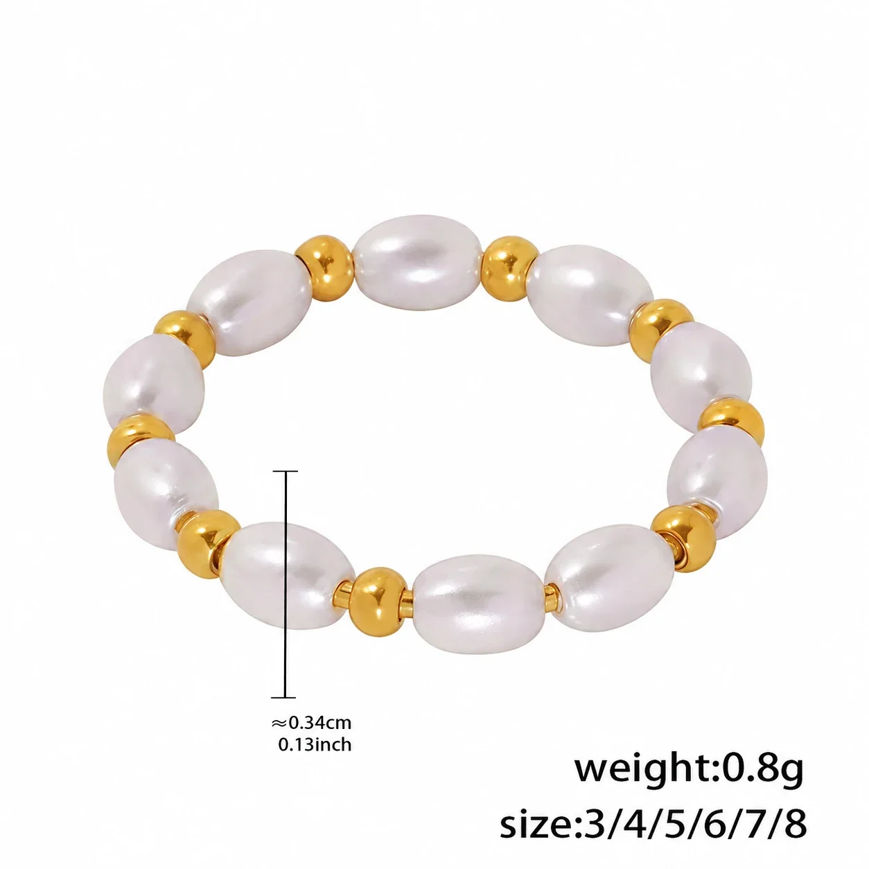 Beaded Shell Pearl Ring with Gold Ball Spacers, Stainless Steel - Gold