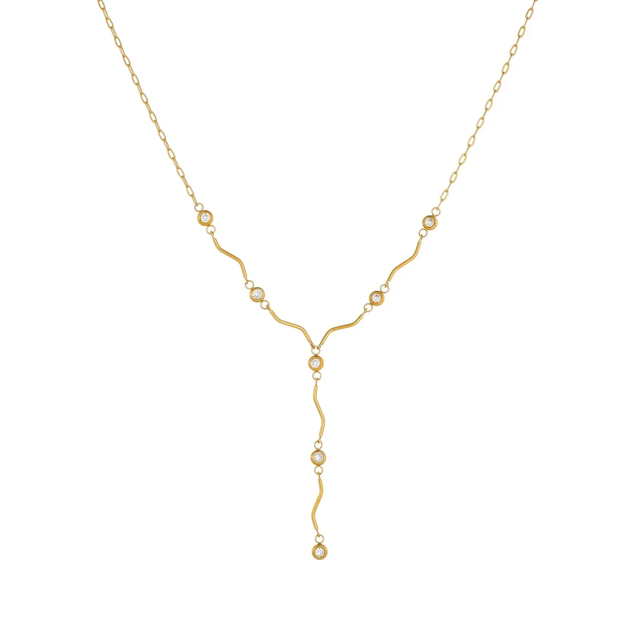 Y-Drop Necklace, Wavy Bars & CZ, Gold-Plated Stainless Steel