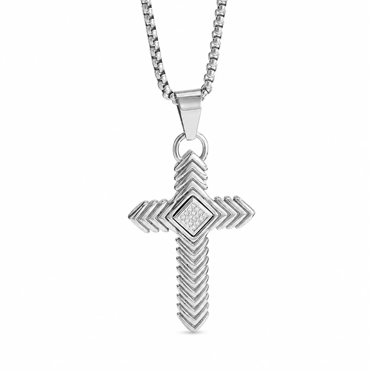 Bold 316 Stainless Steel Chevron Cross Pendant Necklace