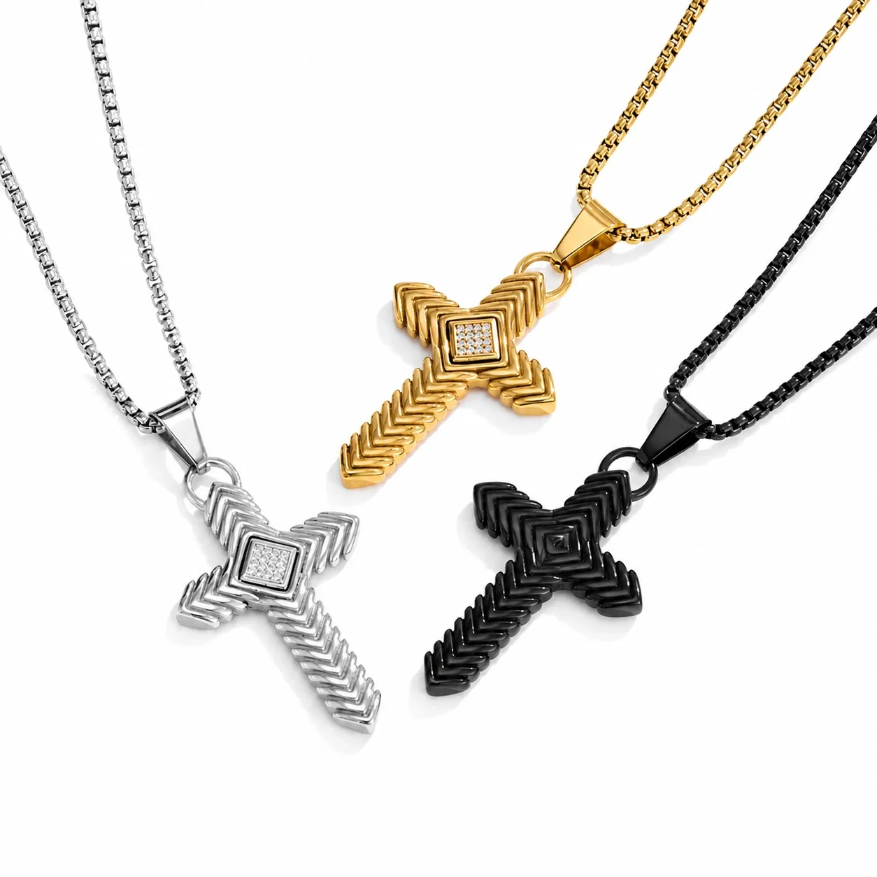 Bold 316 Stainless Steel Chevron Cross Pendant Necklace