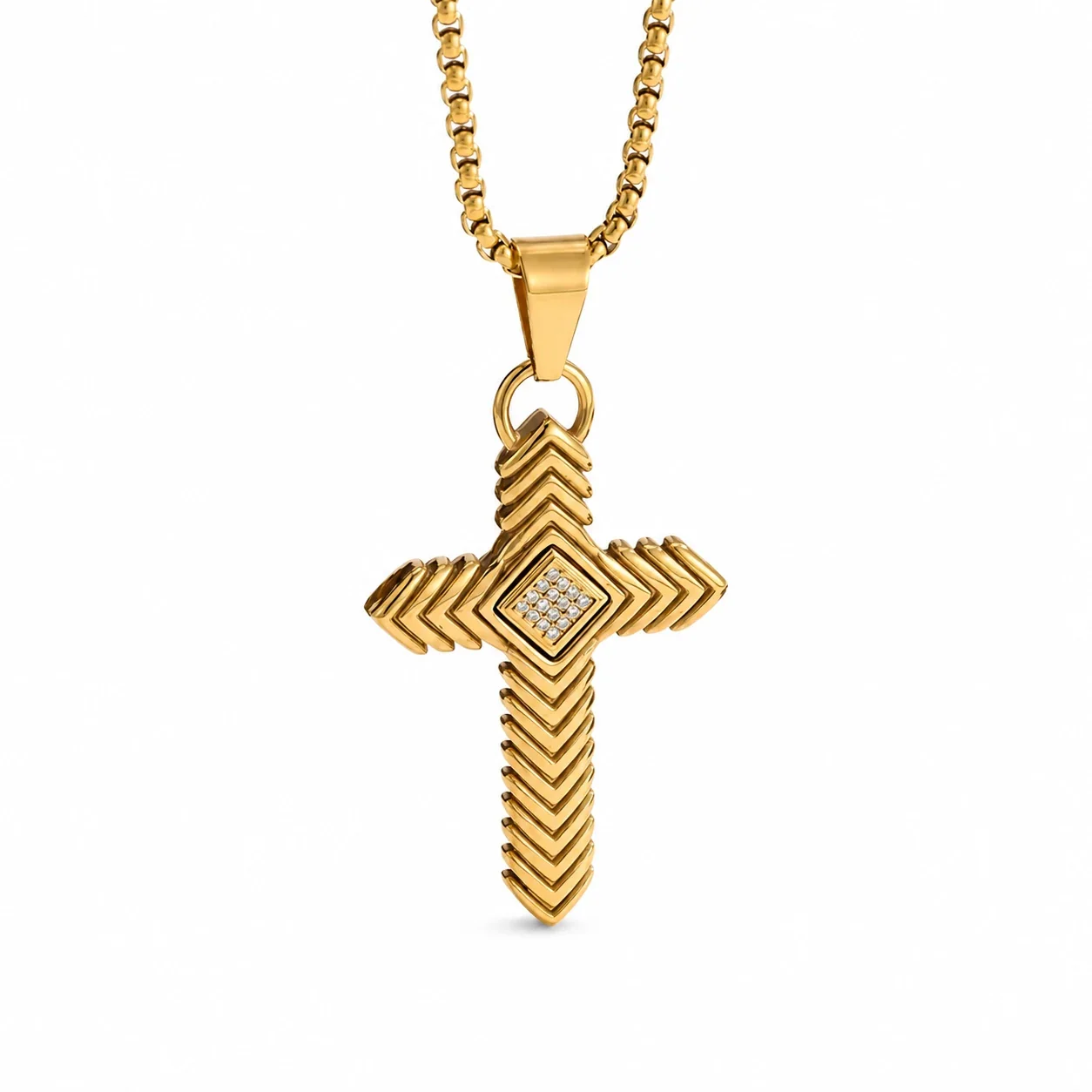 Bold 316 Stainless Steel Chevron Cross Pendant Necklace - Gold Stone