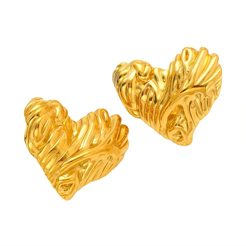 Domed Gold-Plated Stainless Steel Fluted Heart Stud Earrings