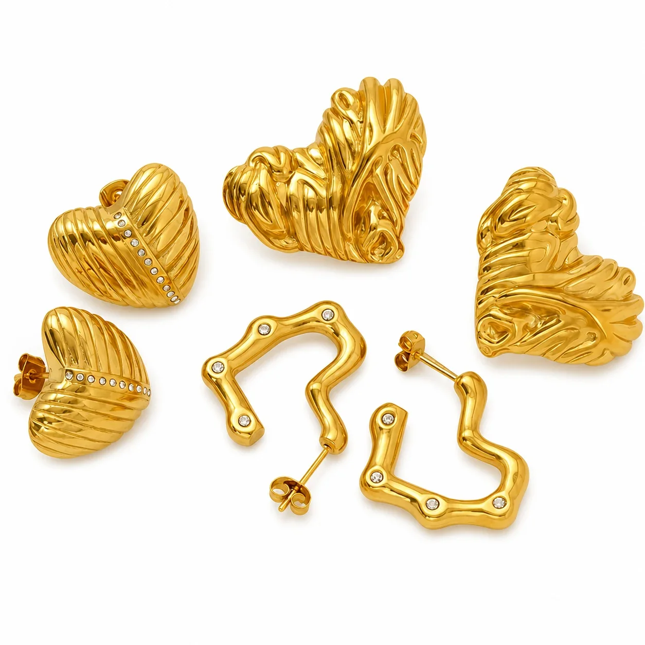 Domed Gold-Plated Stainless Steel Fluted Heart Stud Earrings