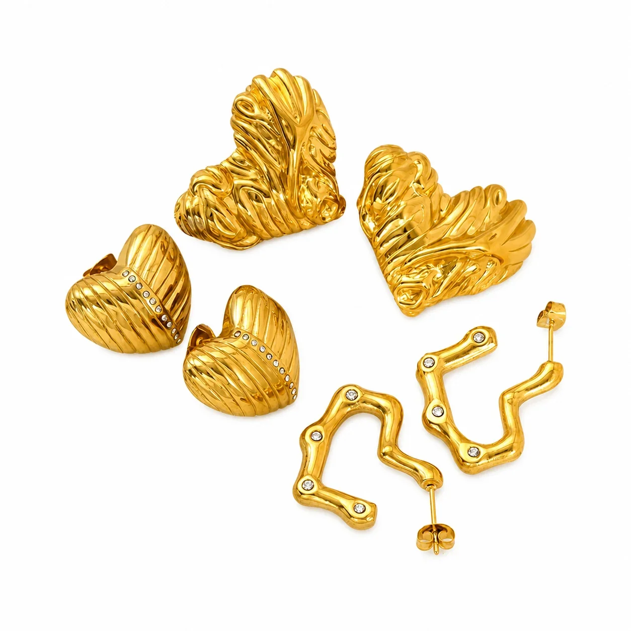 Domed Gold-Plated Stainless Steel Fluted Heart Stud Earrings