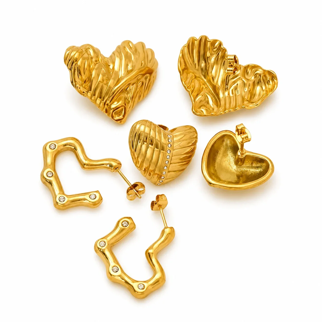 Domed Gold-Plated Stainless Steel Fluted Heart Stud Earrings