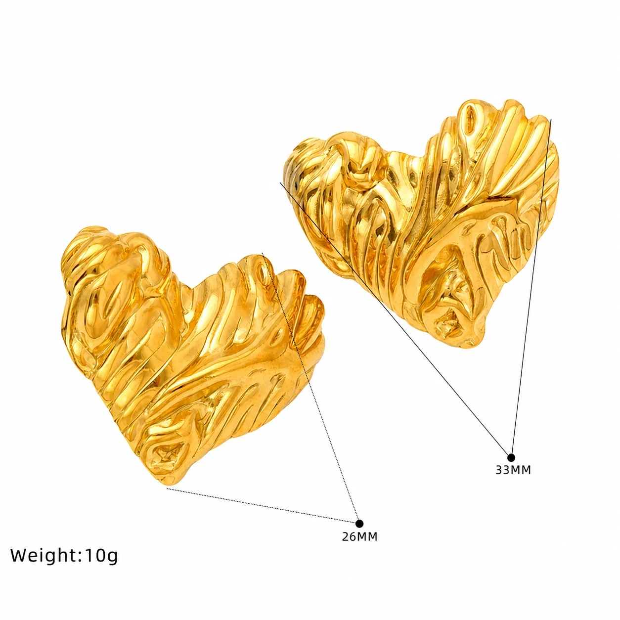 Domed Gold-Plated Stainless Steel Fluted Heart Stud Earrings - Gold Fluted Heart
