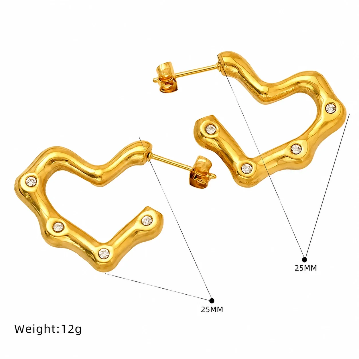 Domed Gold-Plated Stainless Steel Fluted Heart Stud Earrings - Gold Crystal Stripe Heart