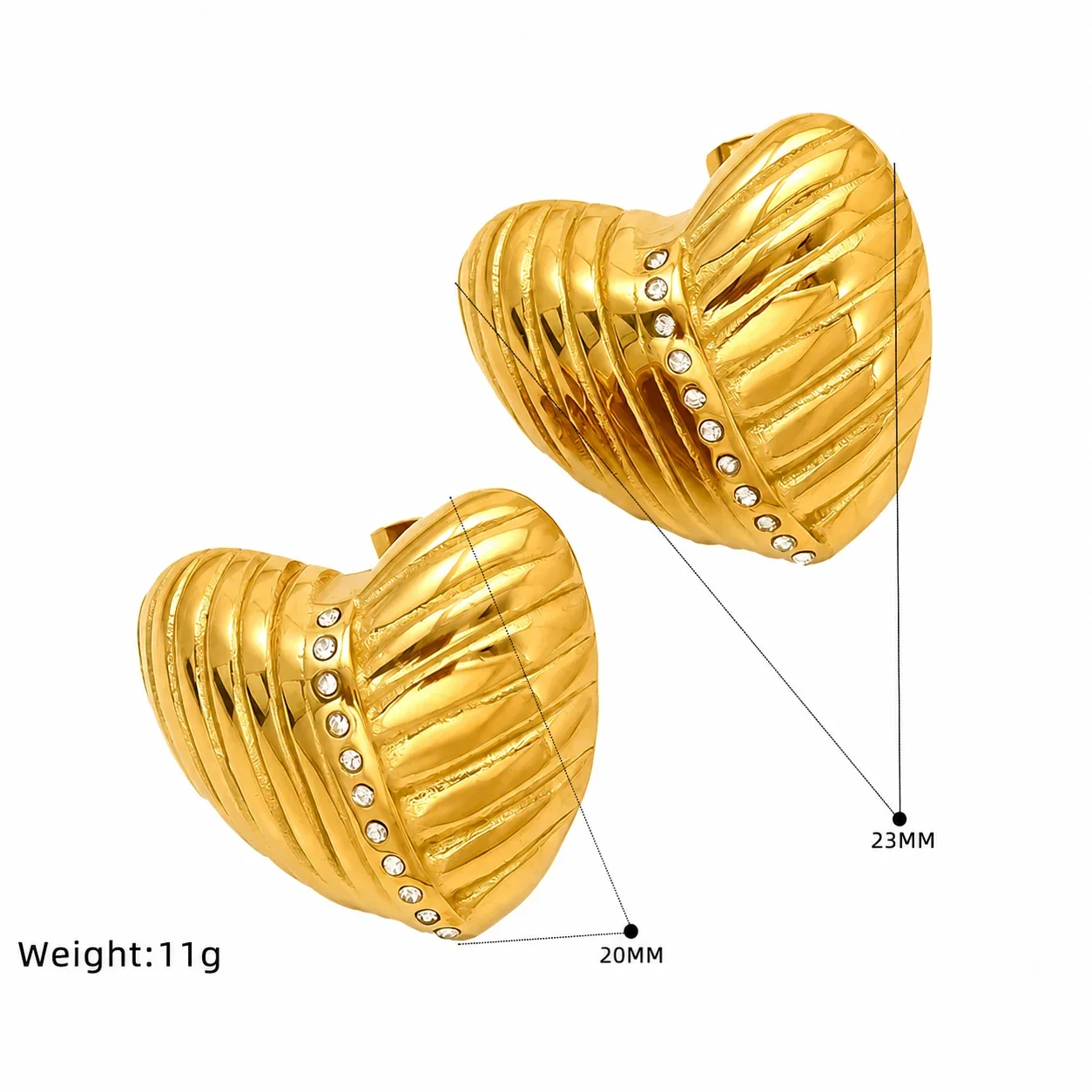 Domed Gold-Plated Stainless Steel Fluted Heart Stud Earrings - Gold Open Crystal Heart