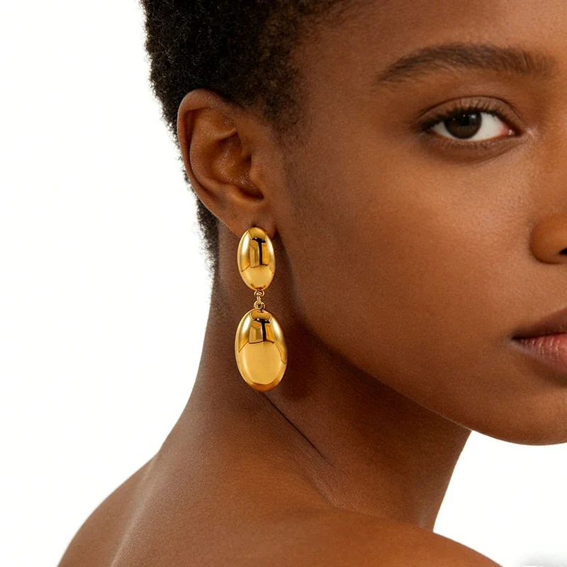 Sculptural 18K Gold-Plated Oval Dome Drop Earrings