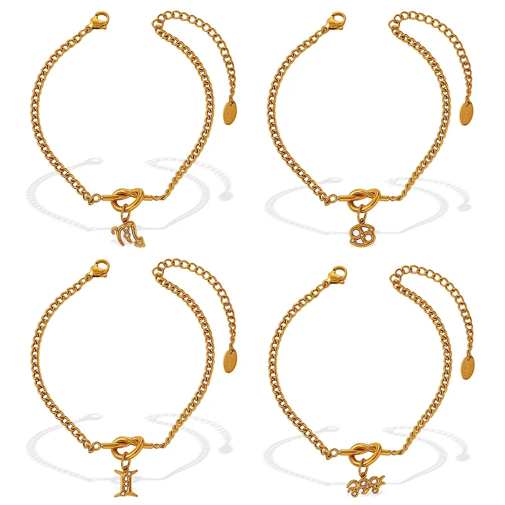 Zodiac Charm Chain Bracelet with Knot Toggle, Gold-Plated Steel
