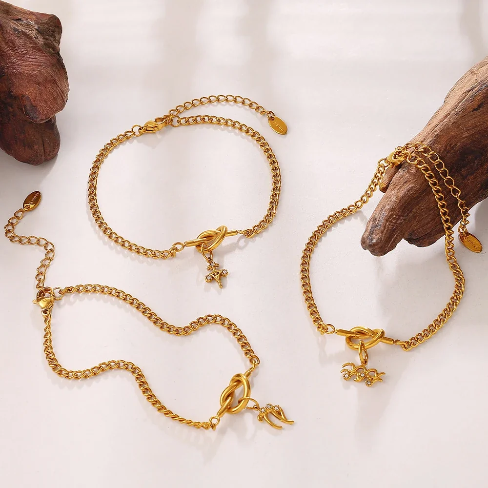 Zodiac Charm Chain Bracelet with Knot Toggle, Gold-Plated Steel