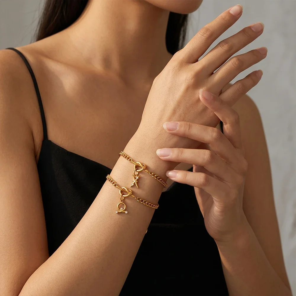 Zodiac Charm Chain Bracelet with Knot Toggle, Gold-Plated Steel