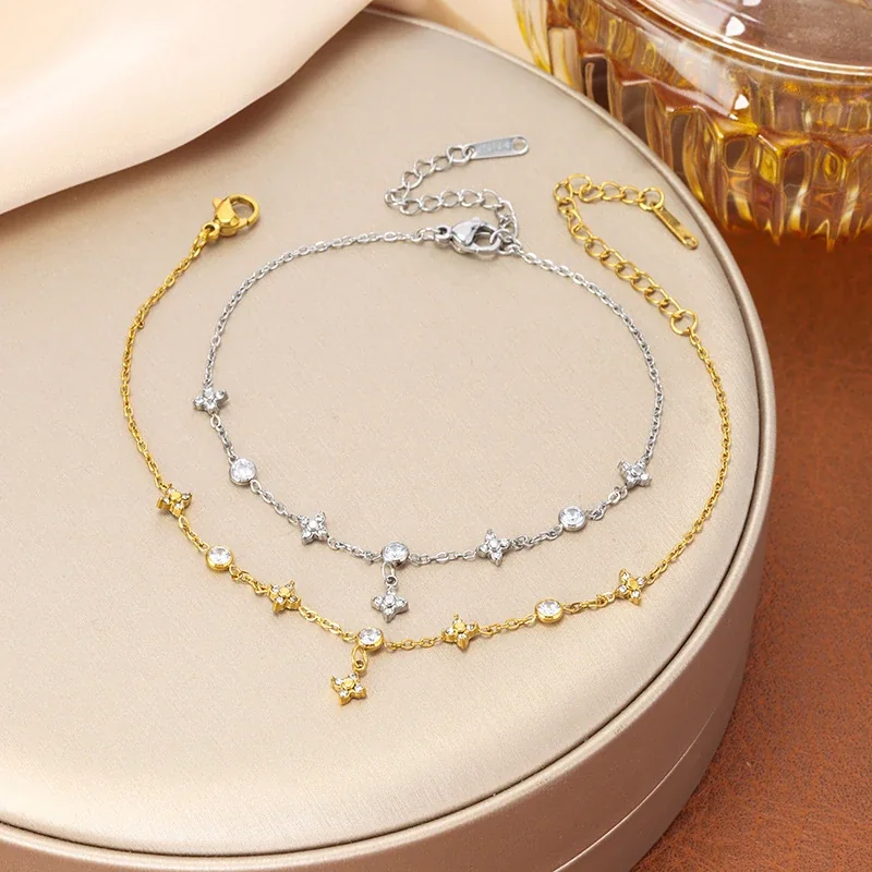 Stainless Steel Anklet with Crystal Stars, 18K Gold-Plated