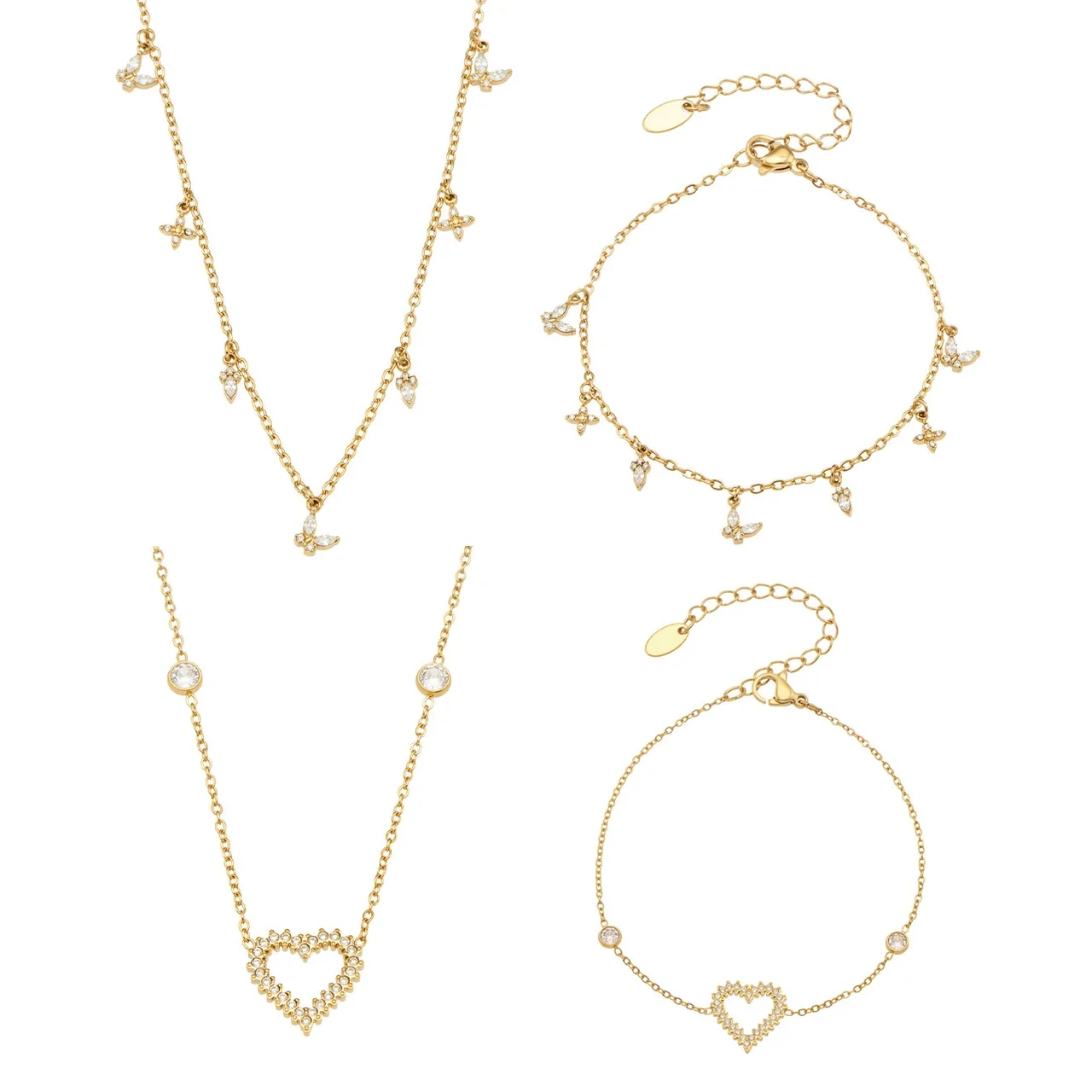 Dainty 18K Gold PVD 316L Stainless Steel Heart CZ Cable Jewelry Set