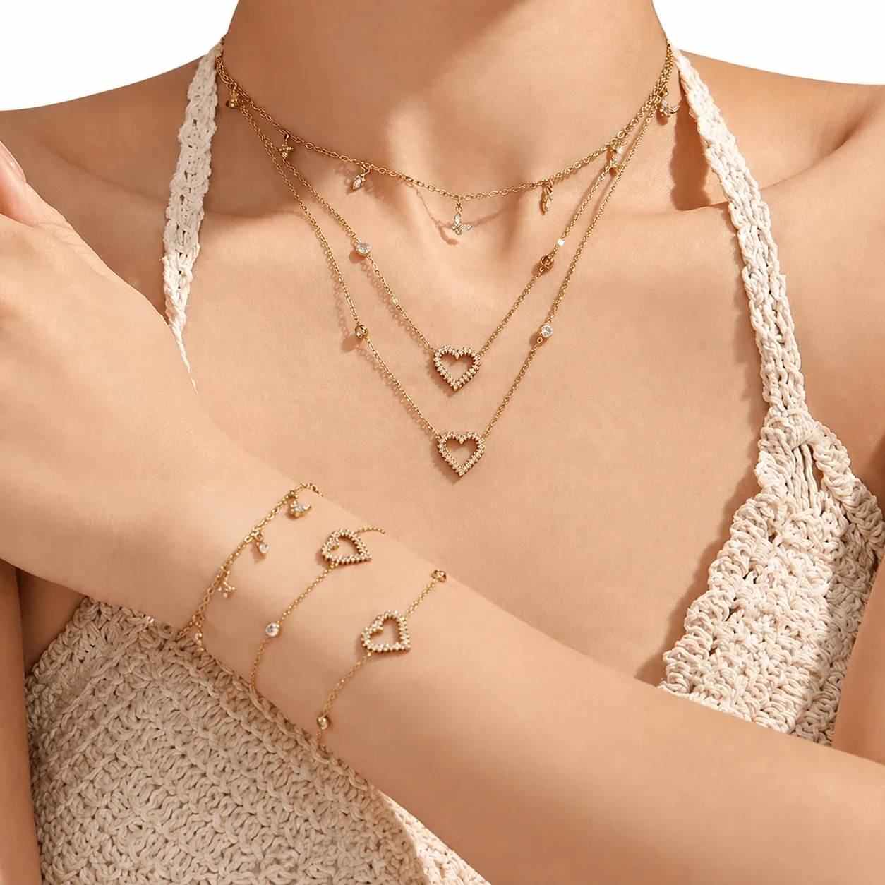 Dainty 18K Gold-Plated 316L Heart CZ Cable Jewelry Set