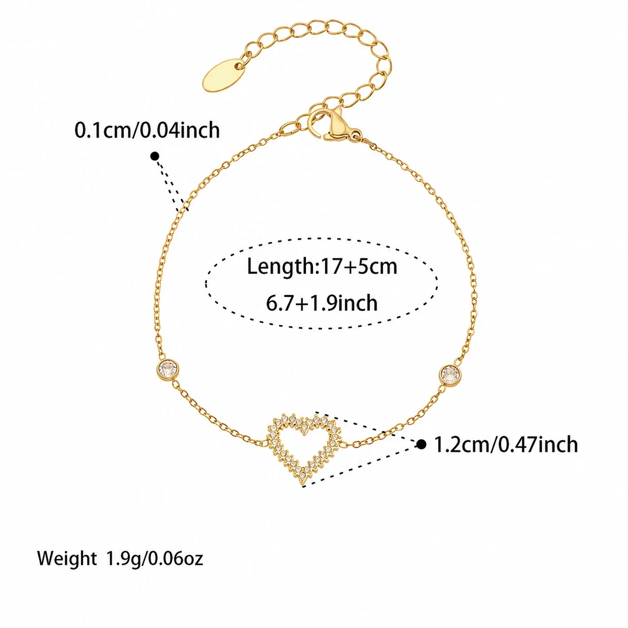 Dainty 18K Gold-Plated 316L Heart CZ Cable Jewelry Set - Gold Heart CZ 17+5 cm