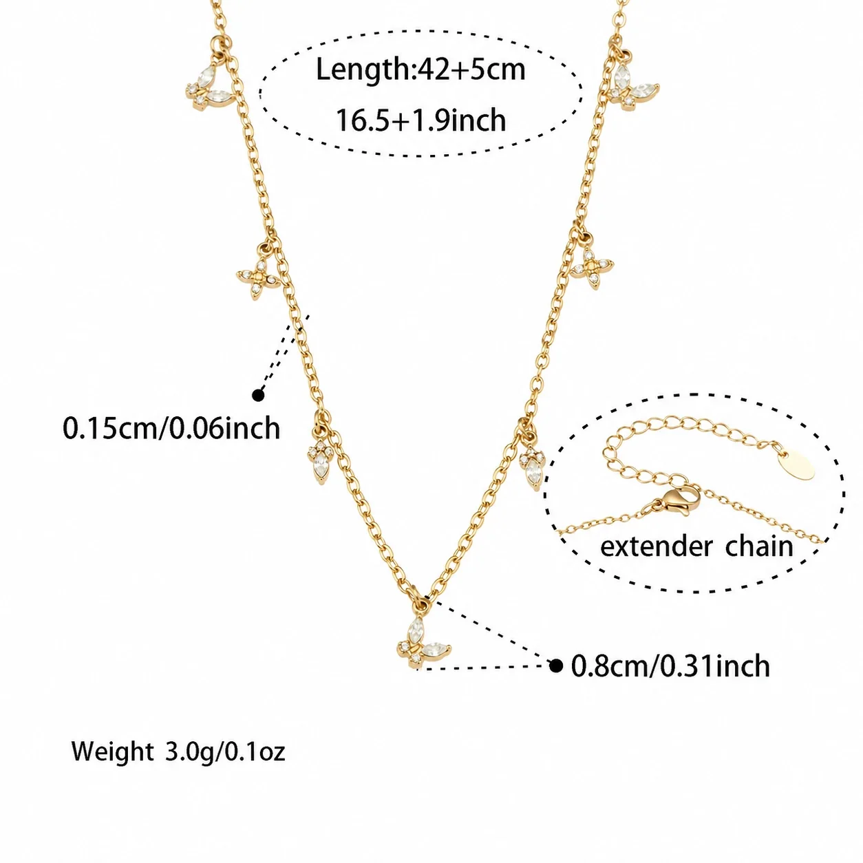 Dainty 18K Gold-Plated 316L Heart CZ Cable Jewelry Set - Gold Teardrop CZ 42+5 cm