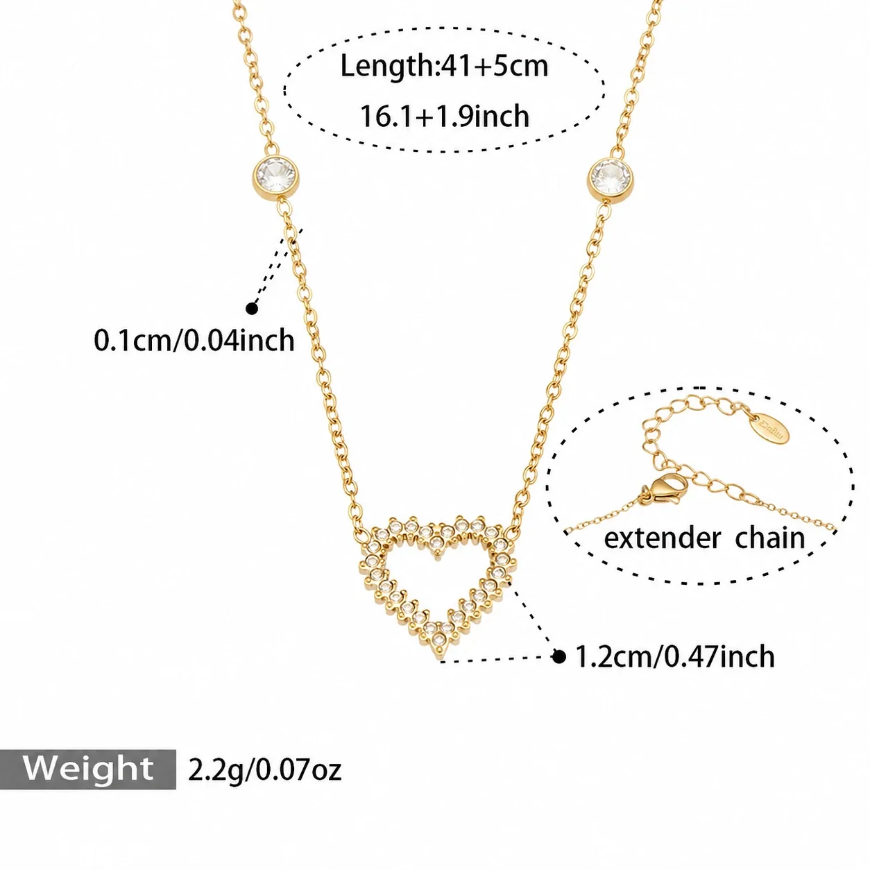 Dainty 18K Gold-Plated 316L Heart CZ Cable Jewelry Set - Gold Heart CZ 41+5 cm