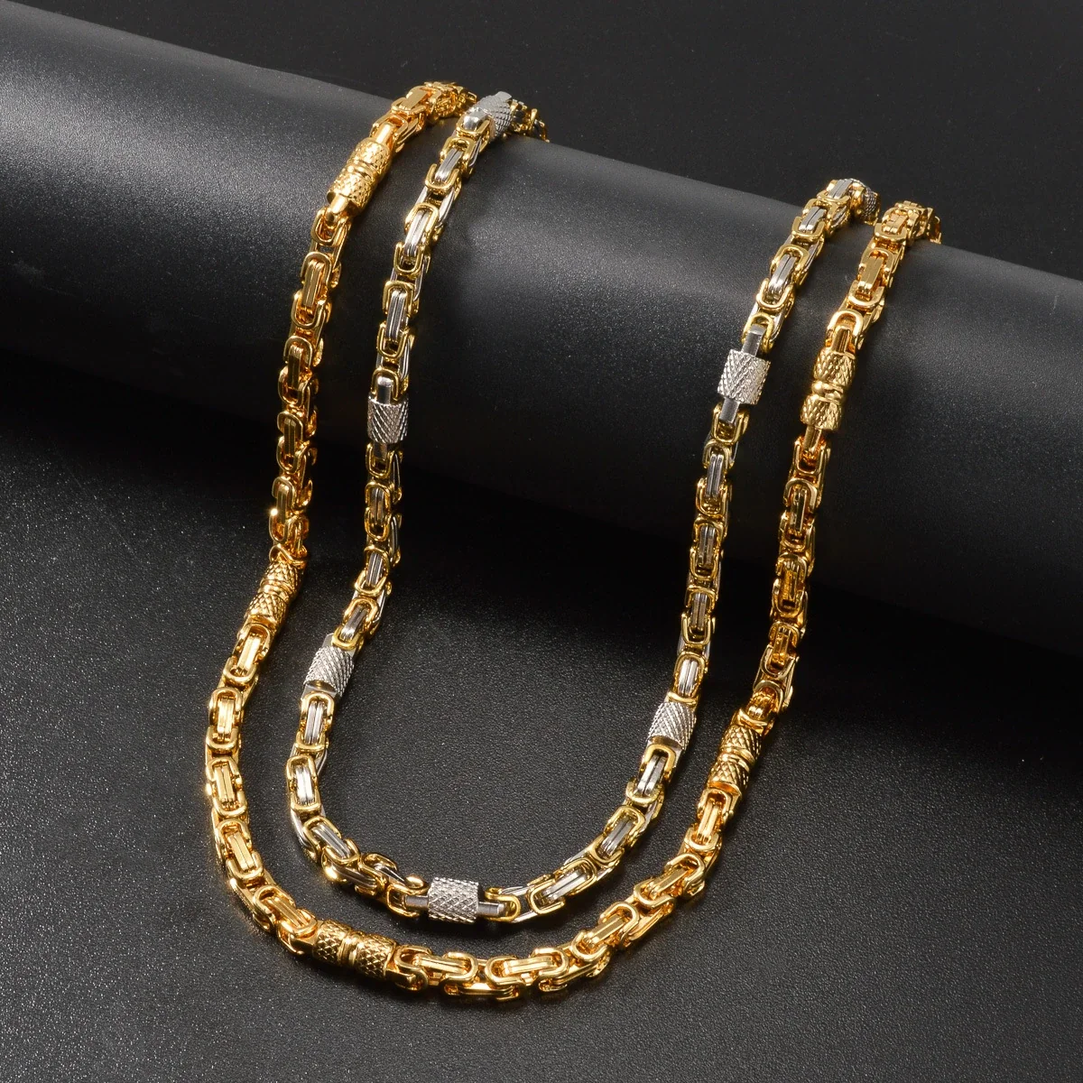 Byzantine Chain Necklace with Textured Stations, Stainless Steel
