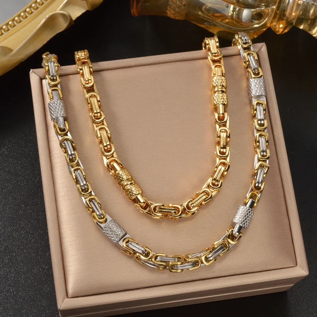 Byzantine Chain Necklace with Textured Stations, Stainless Steel