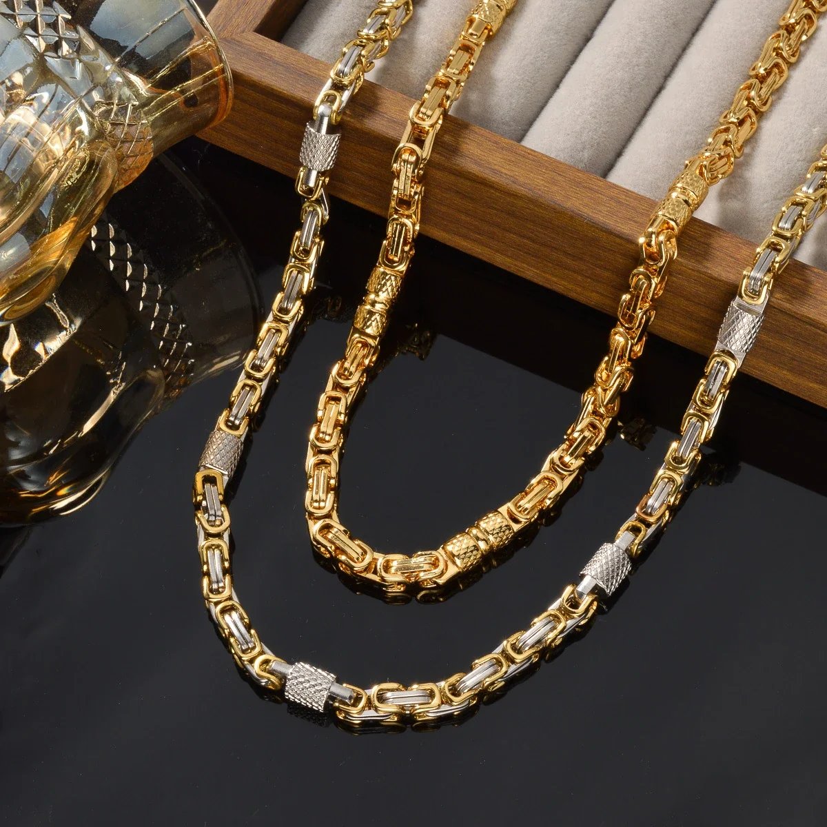Byzantine Chain Necklace with Textured Stations, Stainless Steel