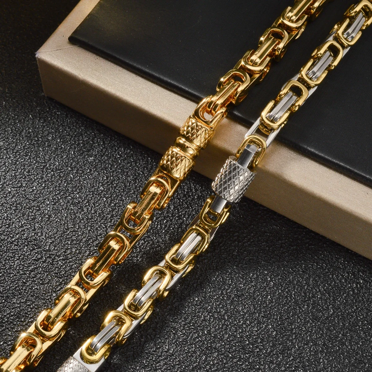 Byzantine Chain Necklace with Textured Stations, Stainless Steel