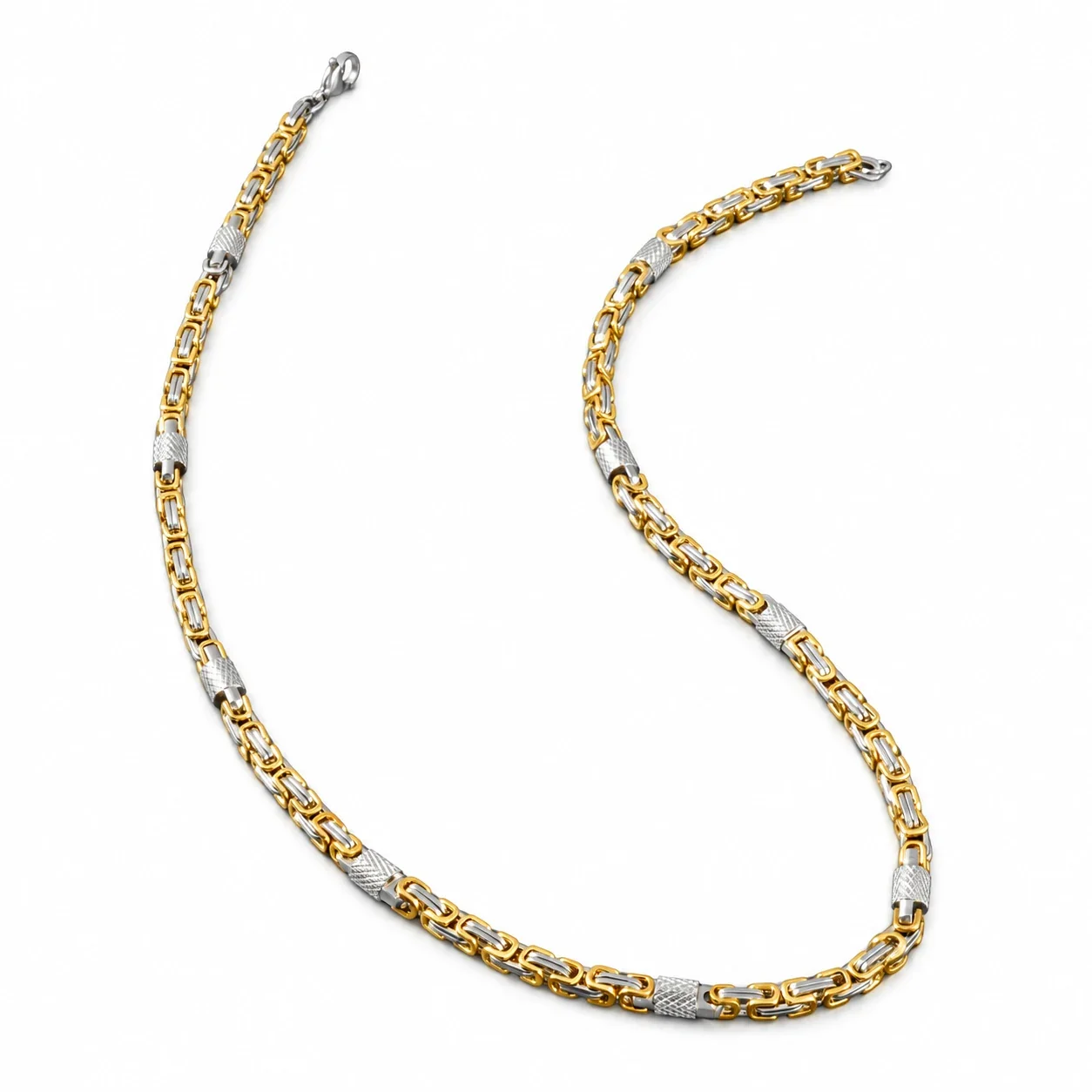Byzantine Chain Necklace with Textured Stations, Stainless Steel - Gold